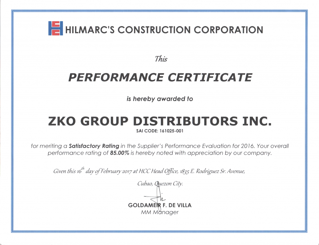 certificate zko certificate of performance